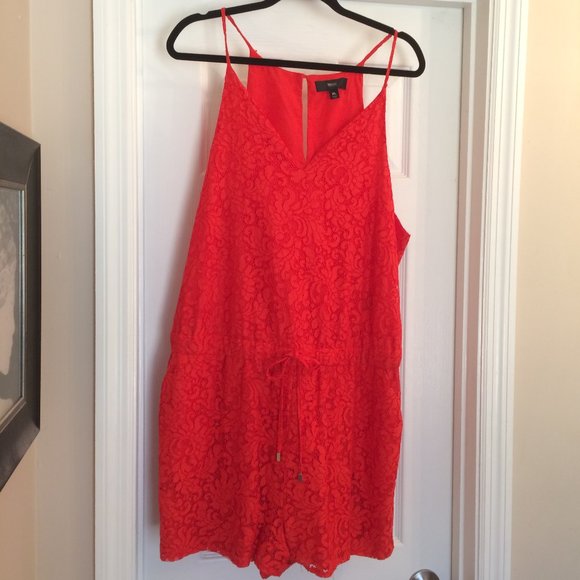 Romper: Crochet V-Neck Lace Red w/ Drawstrings - Picture 3 of 5